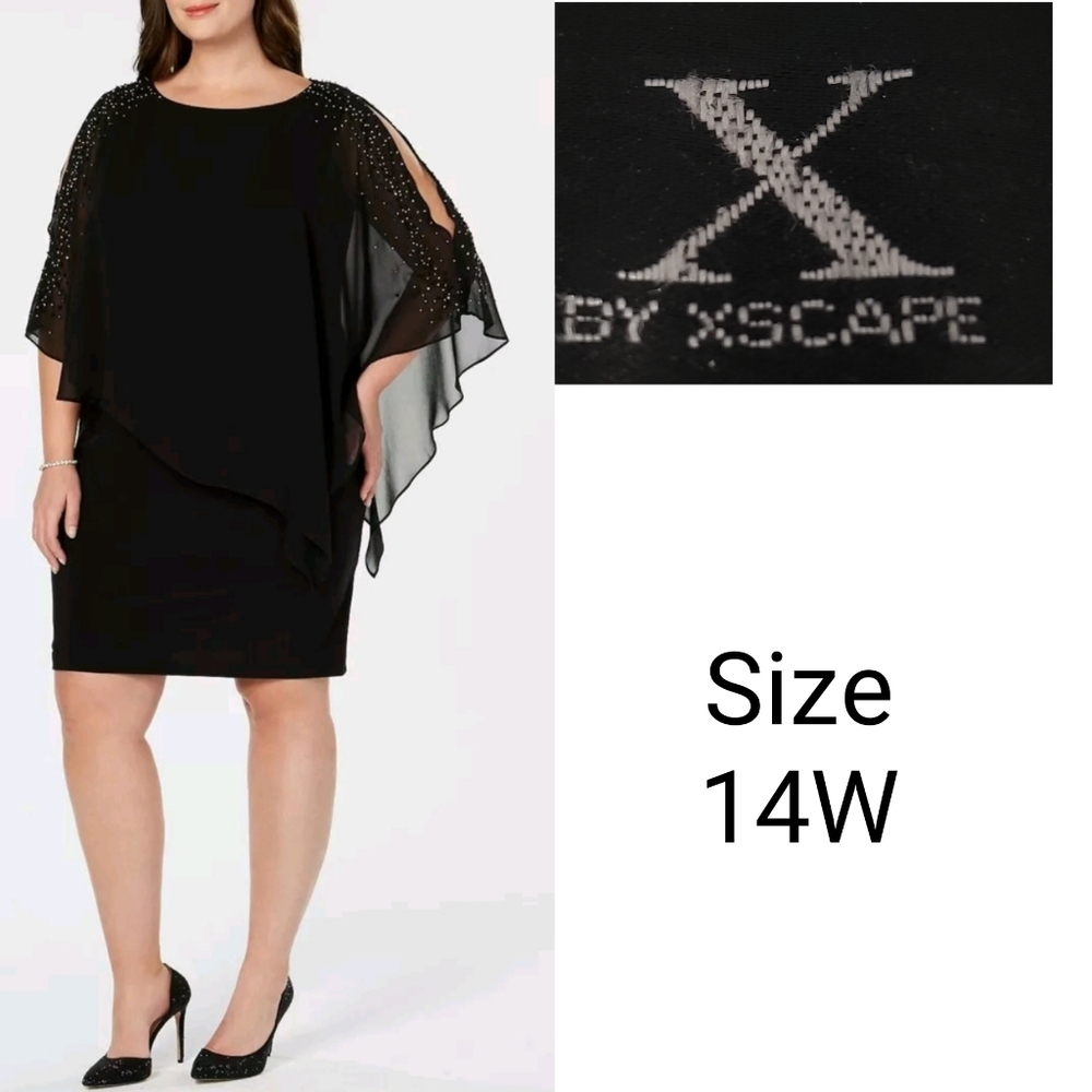 X by Xscape Black Beaded Overlay Chiffon Sheath Dress Plus Size 14W
